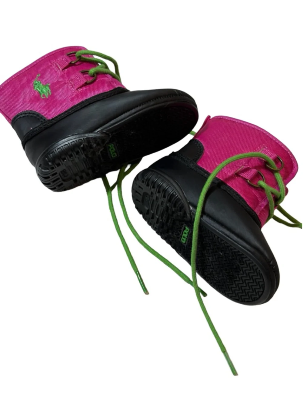Polo Ralph Lauren Kids Duck Boots Pink Green Lace Up Winter Rain Boots Size 2